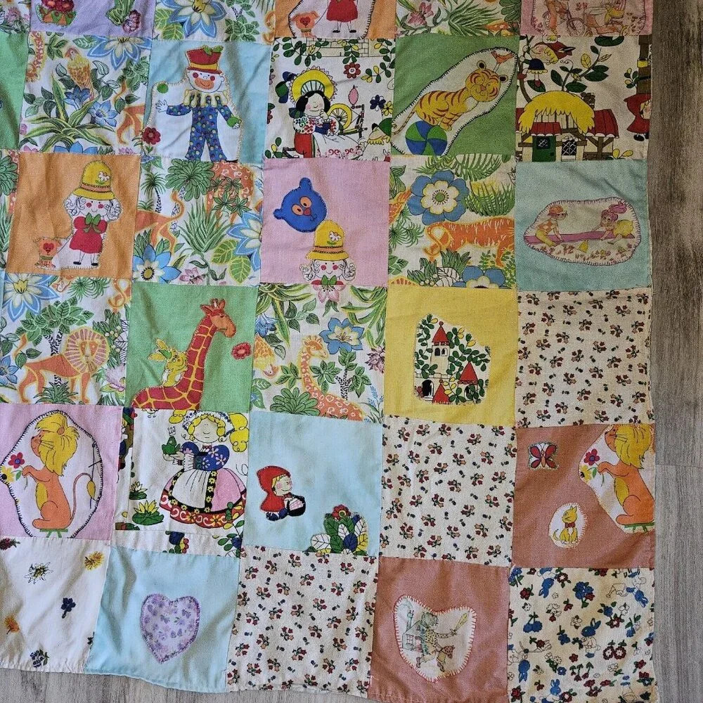 Vtg Handmade Blanket Boho Quilt Colorful Coverlet 62x83 70s 80s Fairy Tales